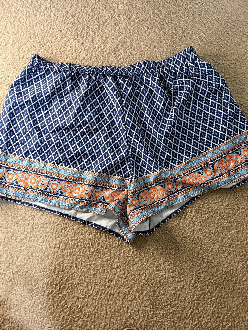 SHEIN Blue Geometric Print Shorts with Orange Trim
